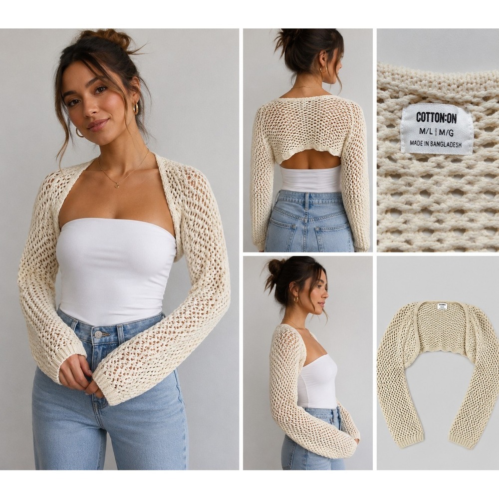 Cotton On Cream Open Knit Cropped Shrug Sweater Bolero Boho Coastal M/L